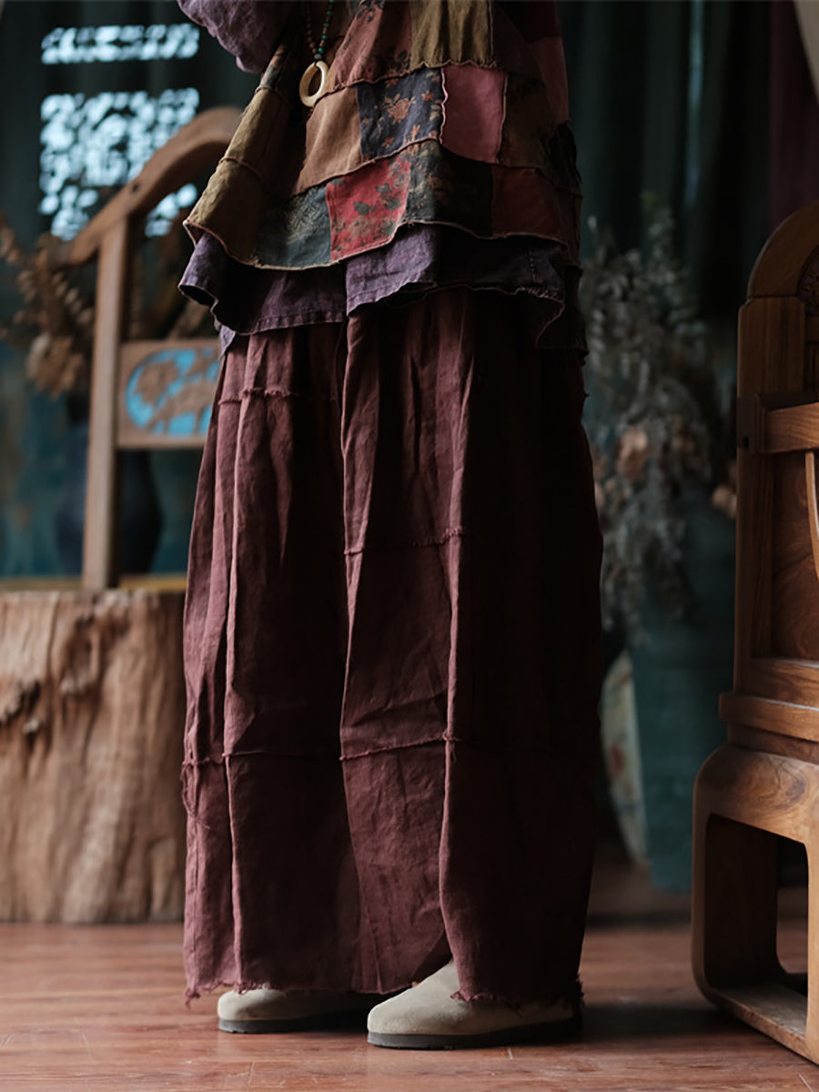 Women Ethnic Raw-edge Spliced Linen Skirt