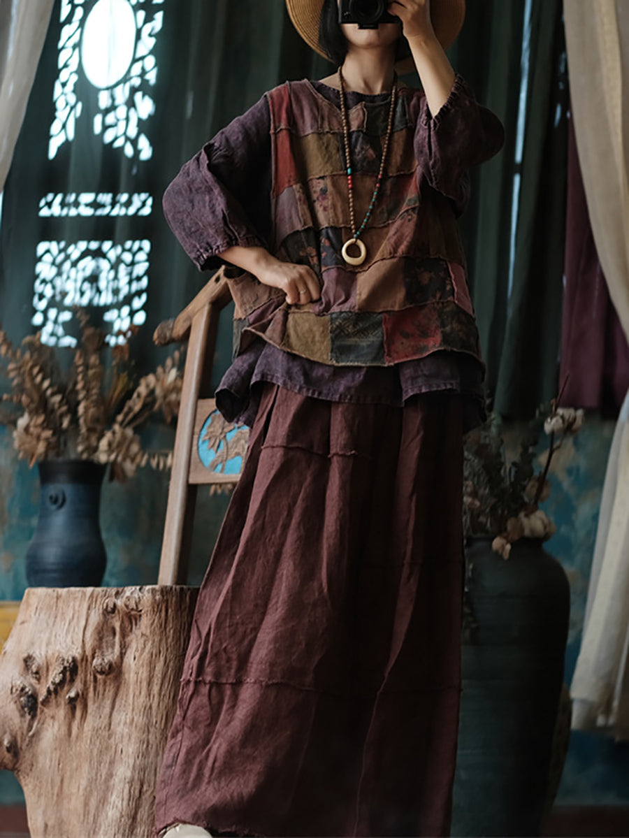 Women Ethnic Raw-edge Spliced Linen Skirt