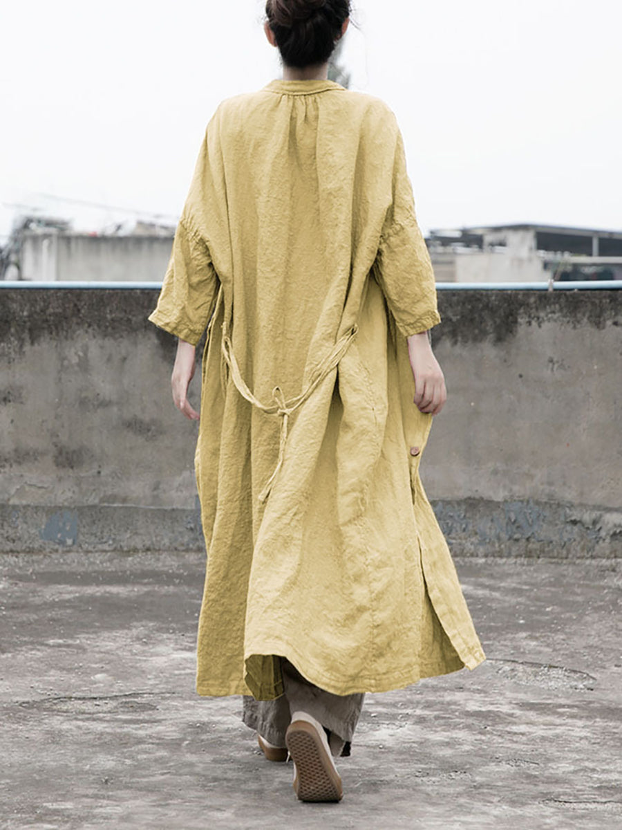 Women Autumn Casual Solid Button-up Linen Coat