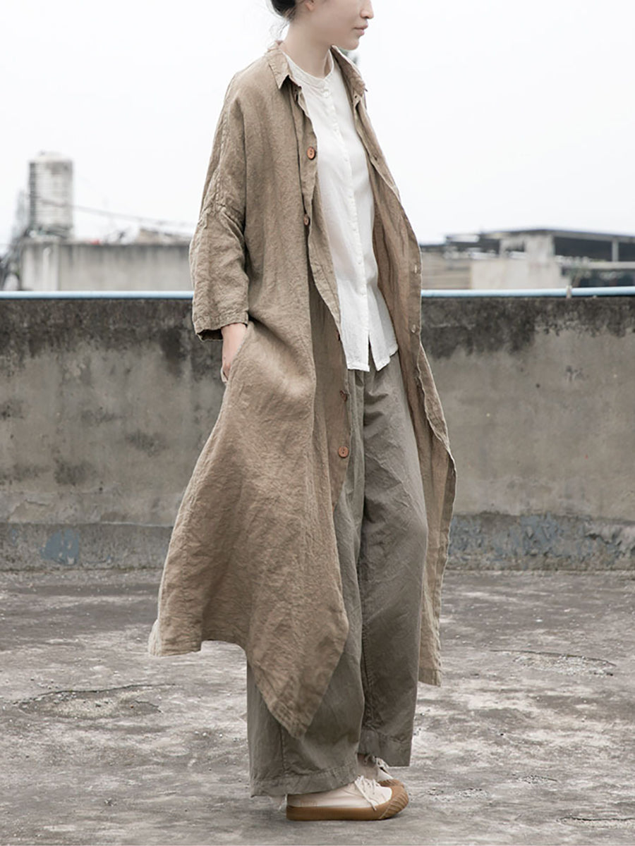 Women Autumn Casual Solid Button-up Linen Coat
