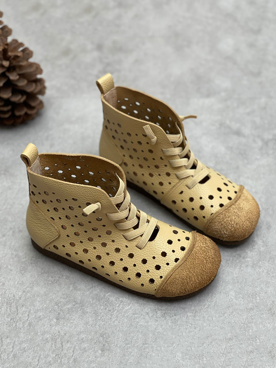 Women Summer Genuine Leather Cutout Flat Boots