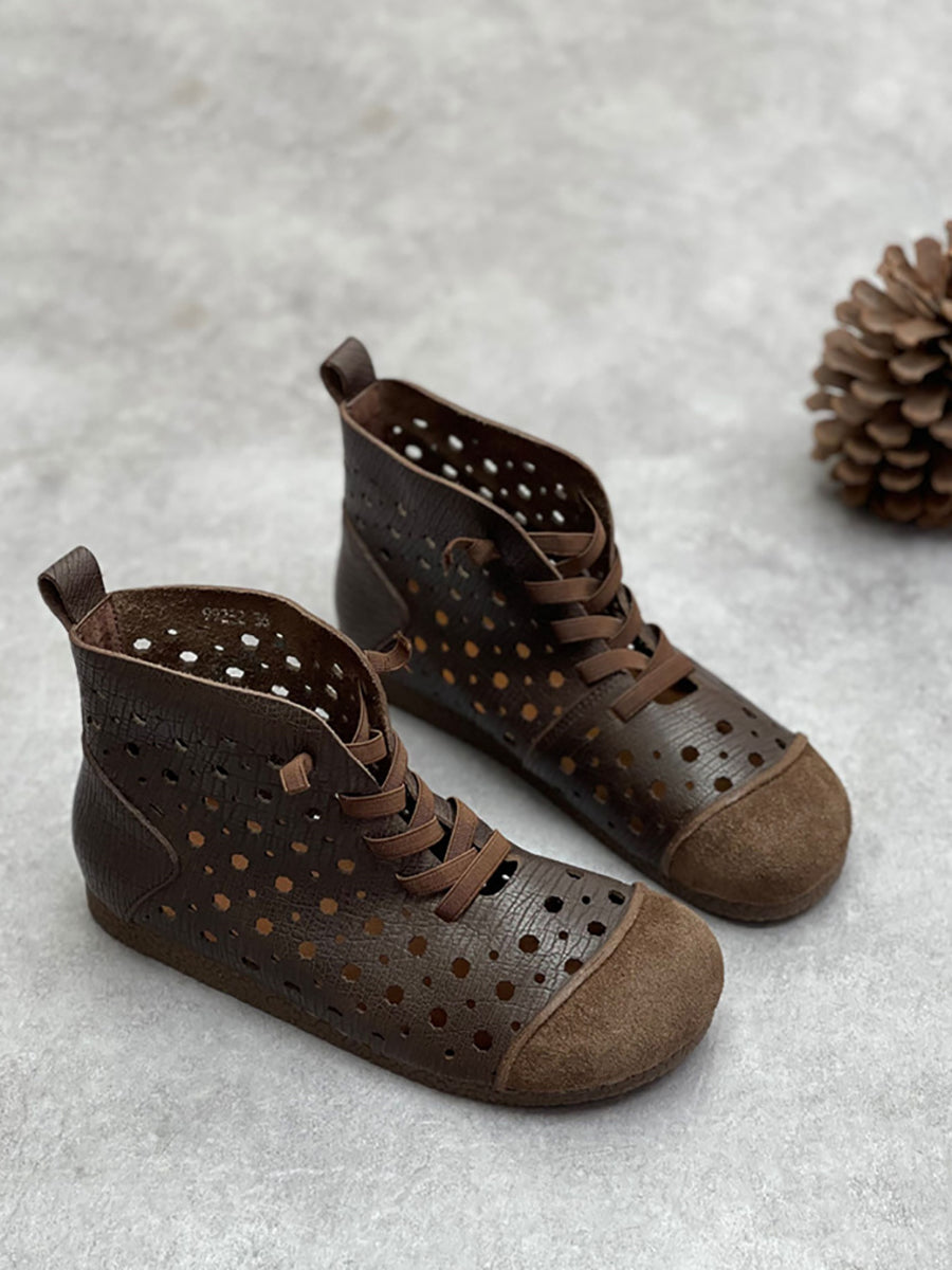 Women Summer Genuine Leather Cutout Flat Boots