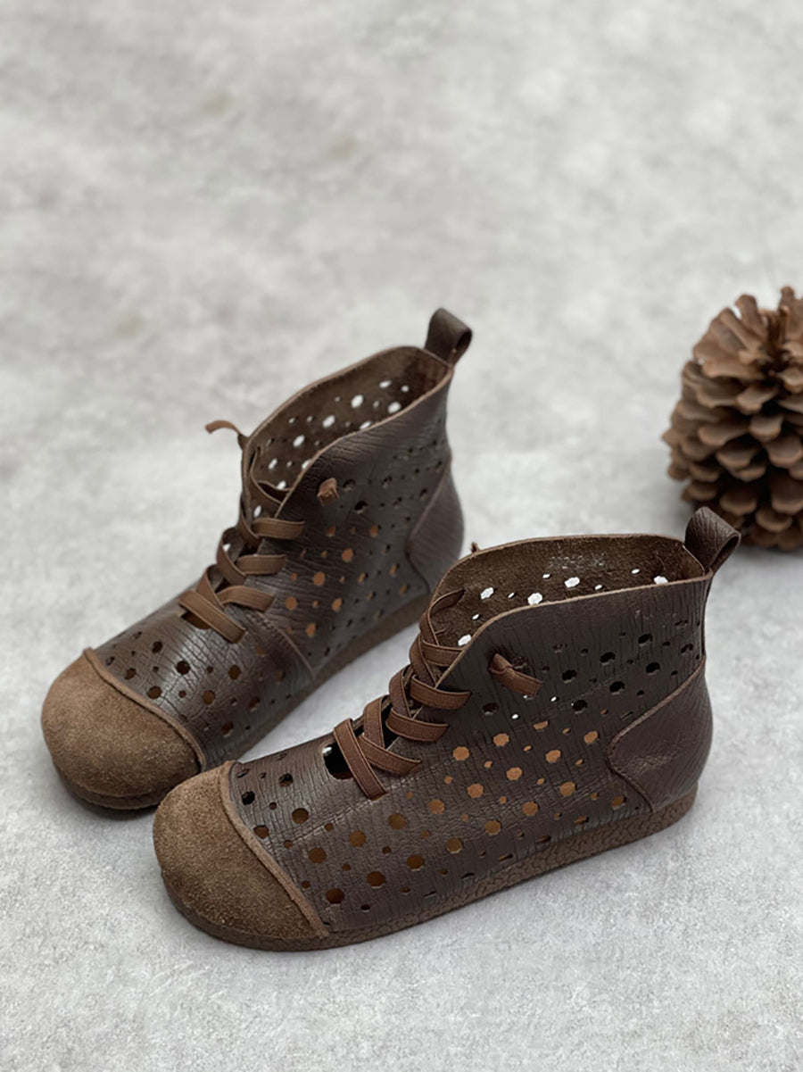 Women Summer Genuine Leather Cutout Flat Boots