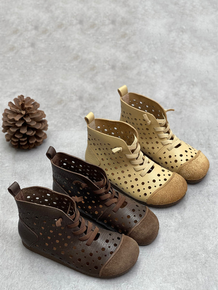 Women Summer Genuine Leather Cutout Flat Boots