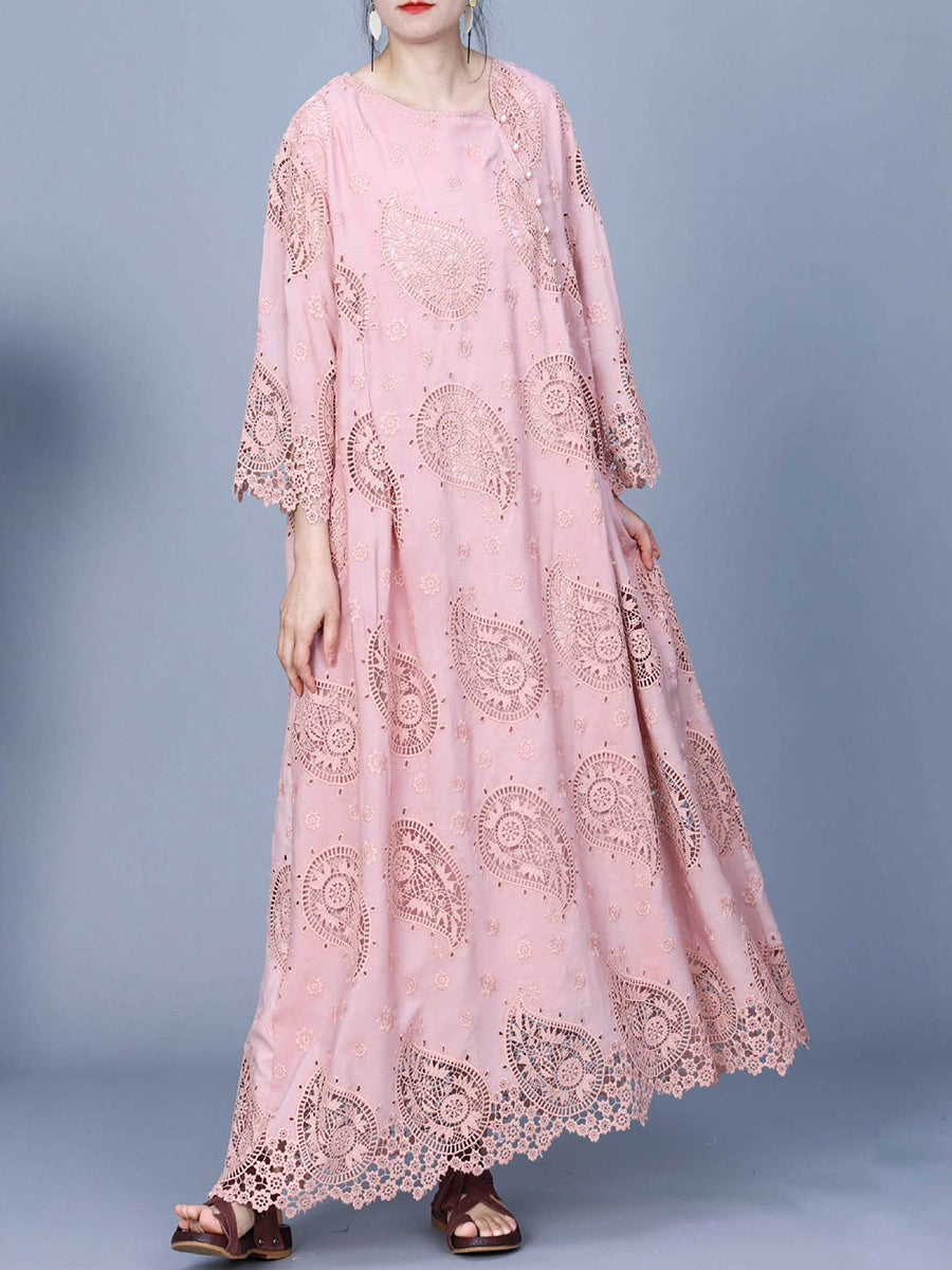 Women Autumn Artsy Dual-layer Cutout Lace Loose Dress