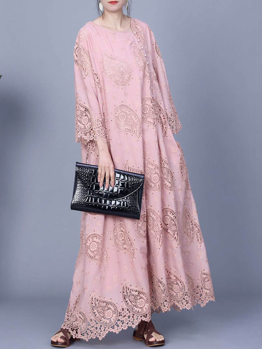 Women Autumn Artsy Dual-layer Cutout Lace Loose Dress