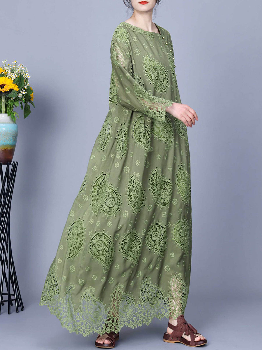 Women Autumn Artsy Dual-layer Cutout Lace Loose Dress
