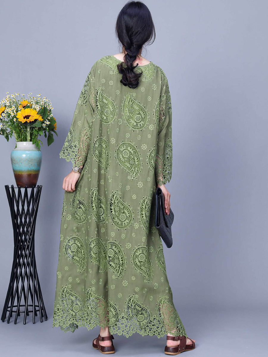 Women Autumn Artsy Dual-layer Cutout Lace Loose Dress