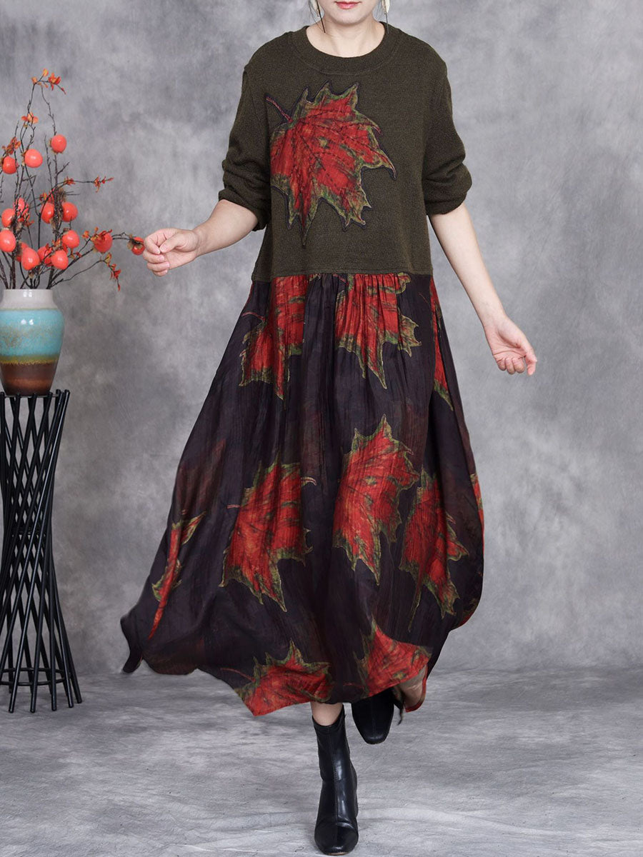 Women Autumn Maple Leaf Irregular Hem O-Neck Loose Dress