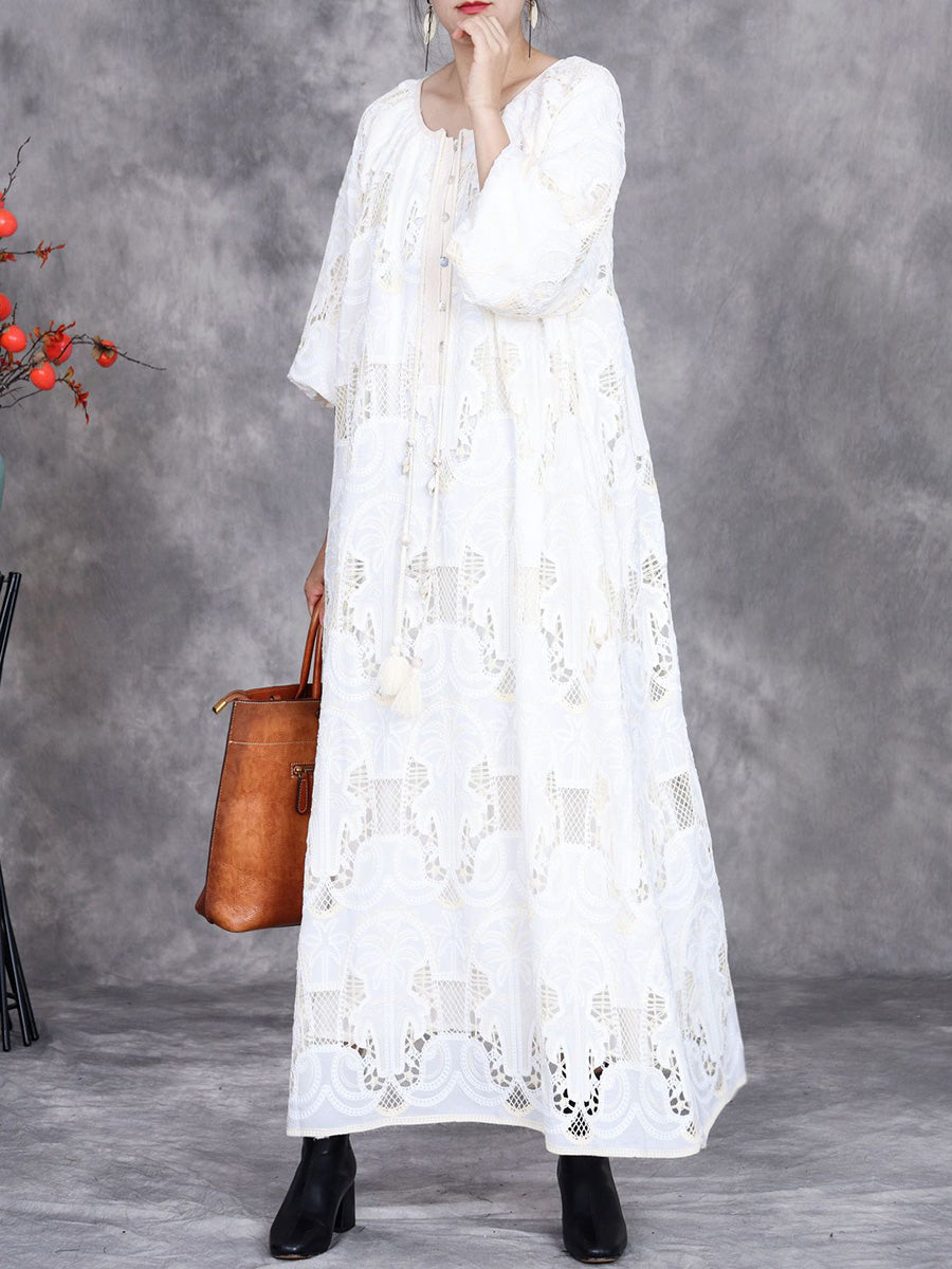 Women Autumn Artsy Lace Cutout O-Neck Dress