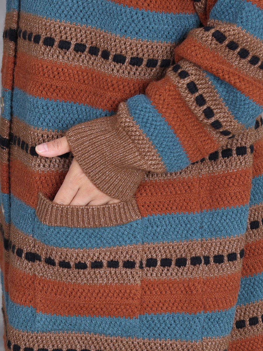 Women Autumn Lazy Stripe Knitted Cardigan Coat
