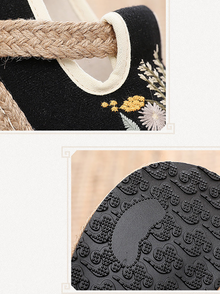 Women Summer Vintage Embroidery Linen Flat Shoes