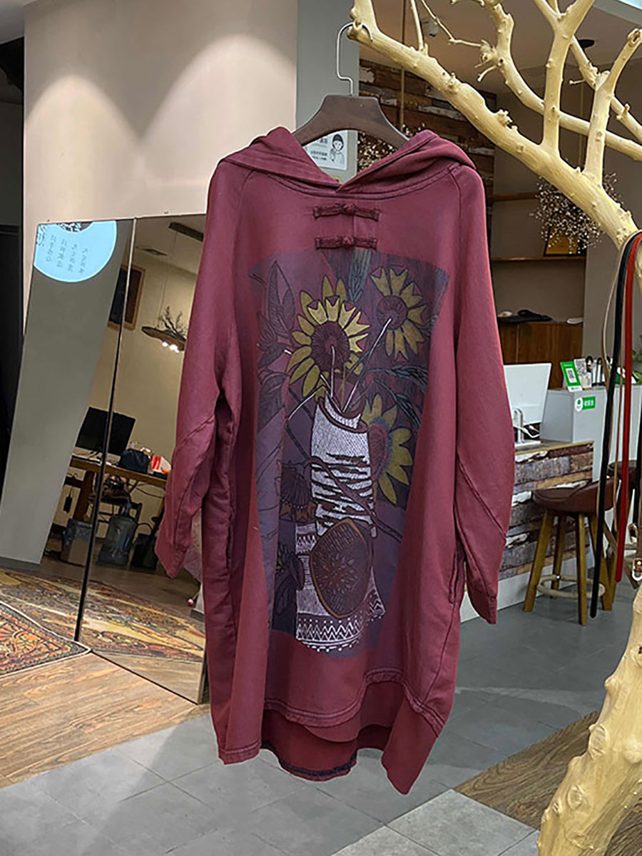 Plus Size Women Vintage Flower Hooded Long Sweatshirt