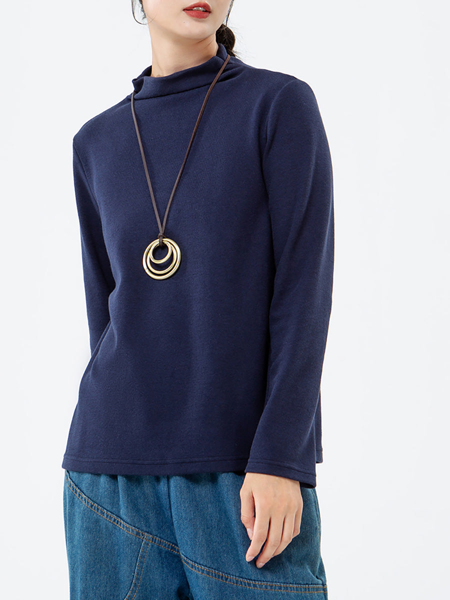 Plus Size - Women Turtleneck Solid Color Long Sleeve T-shirt