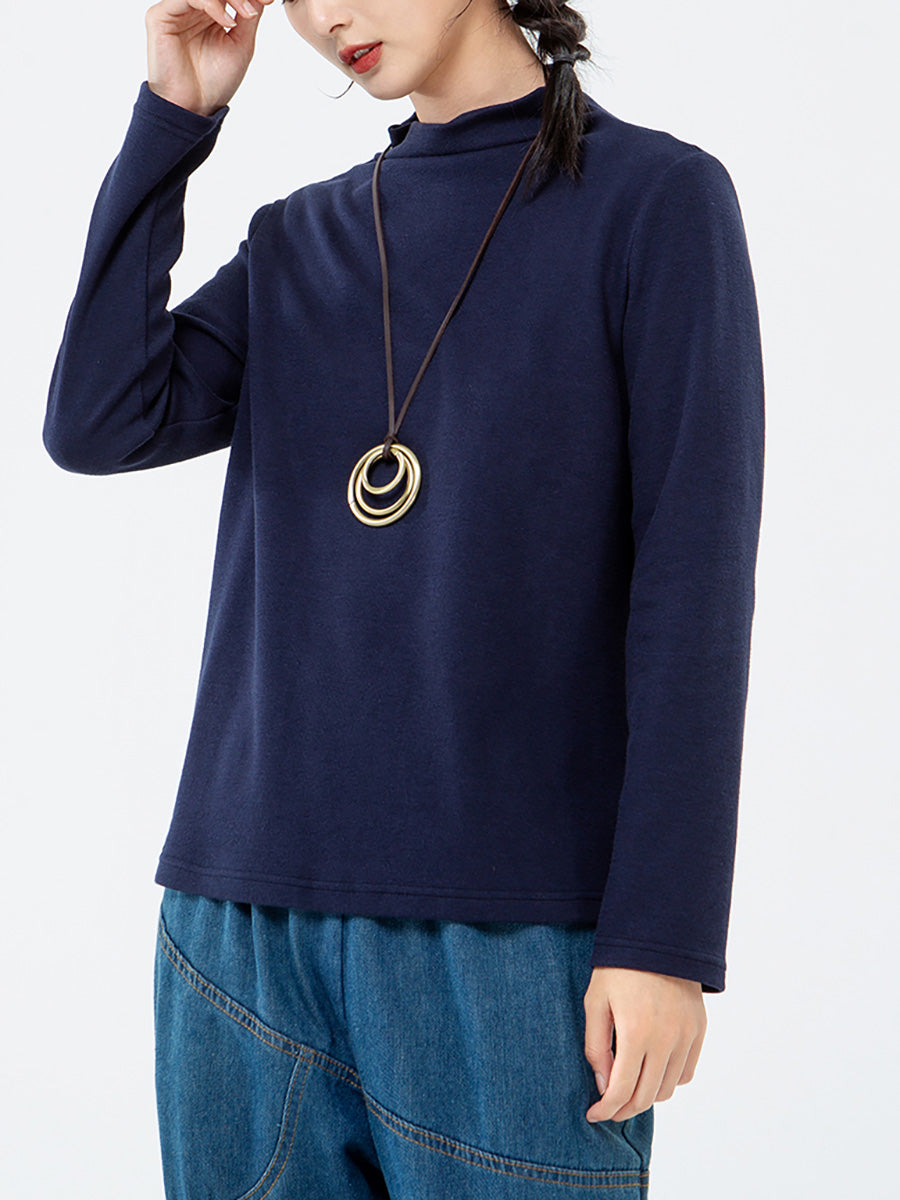 Plus Size - Women Turtleneck Solid Color Long Sleeve T-shirt