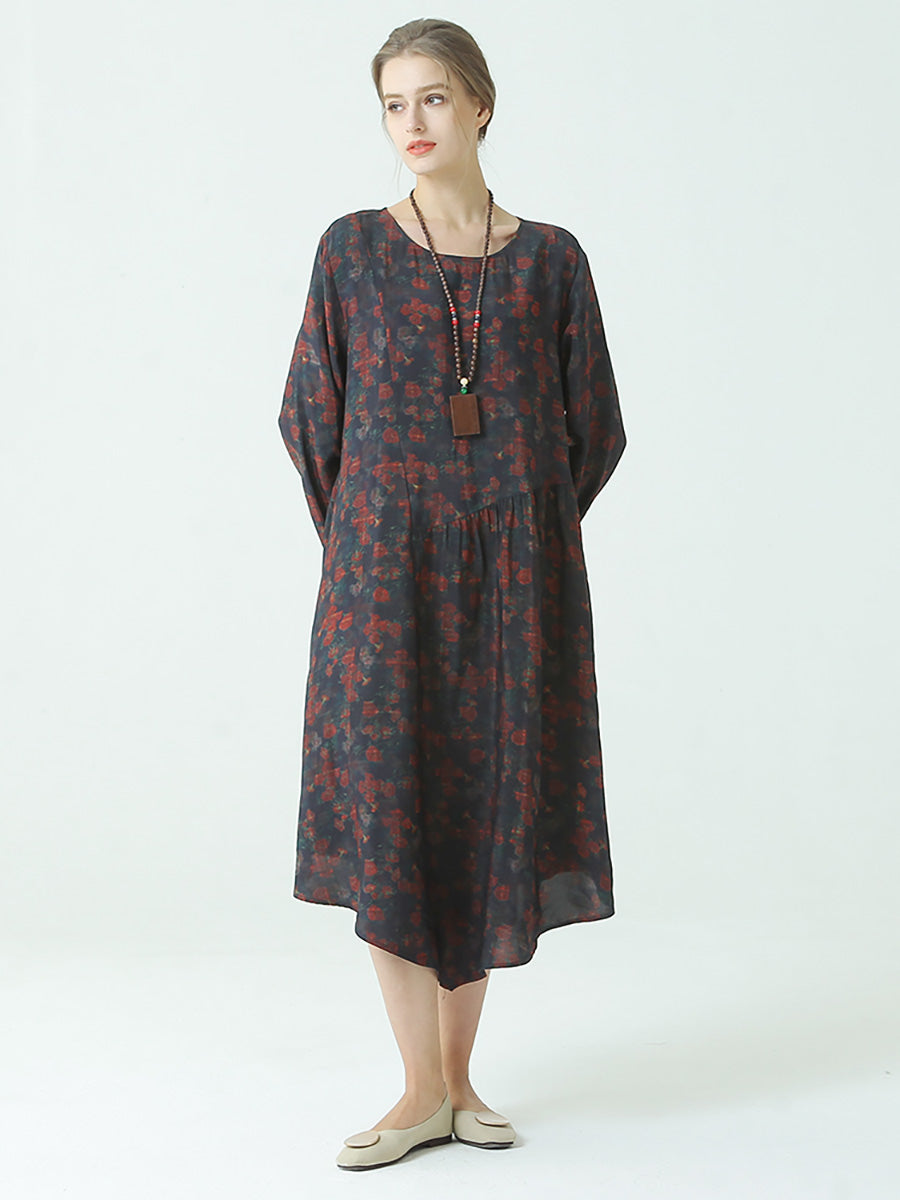 Plus Size Pleated Floral Prints Spring O Neck Loose Dress