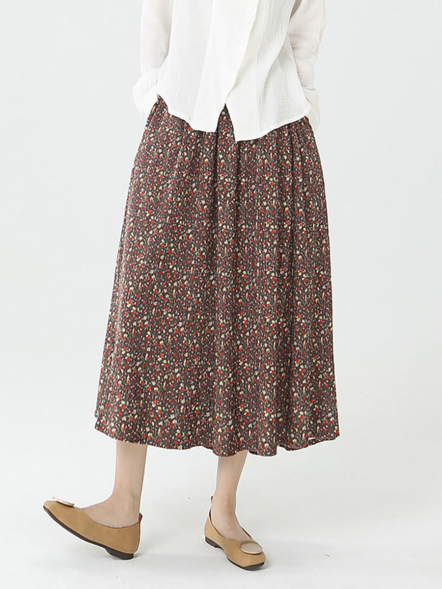 Plus Size - Women Floral Vintage Pocket Elastic Waist Skirt