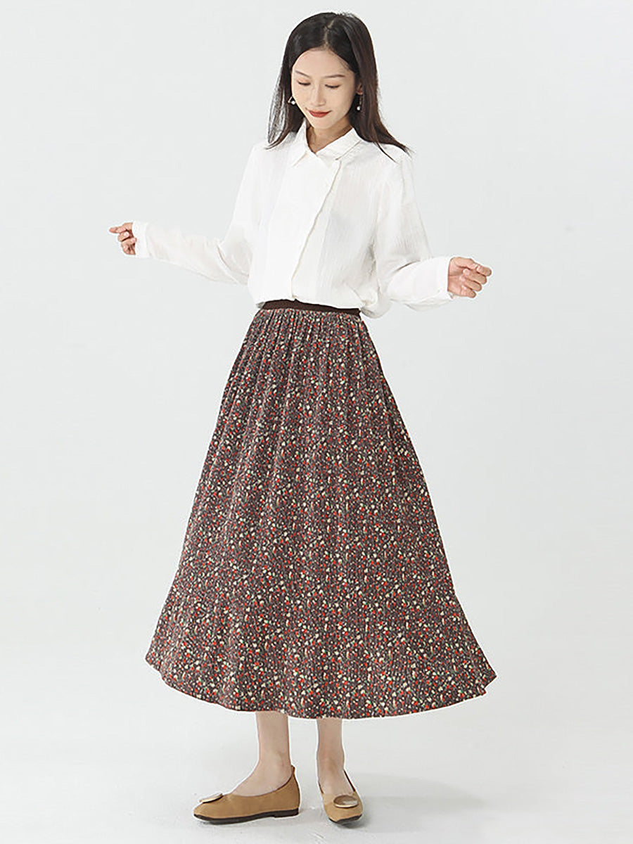 Plus Size - Women Floral Vintage Pocket Elastic Waist Skirt