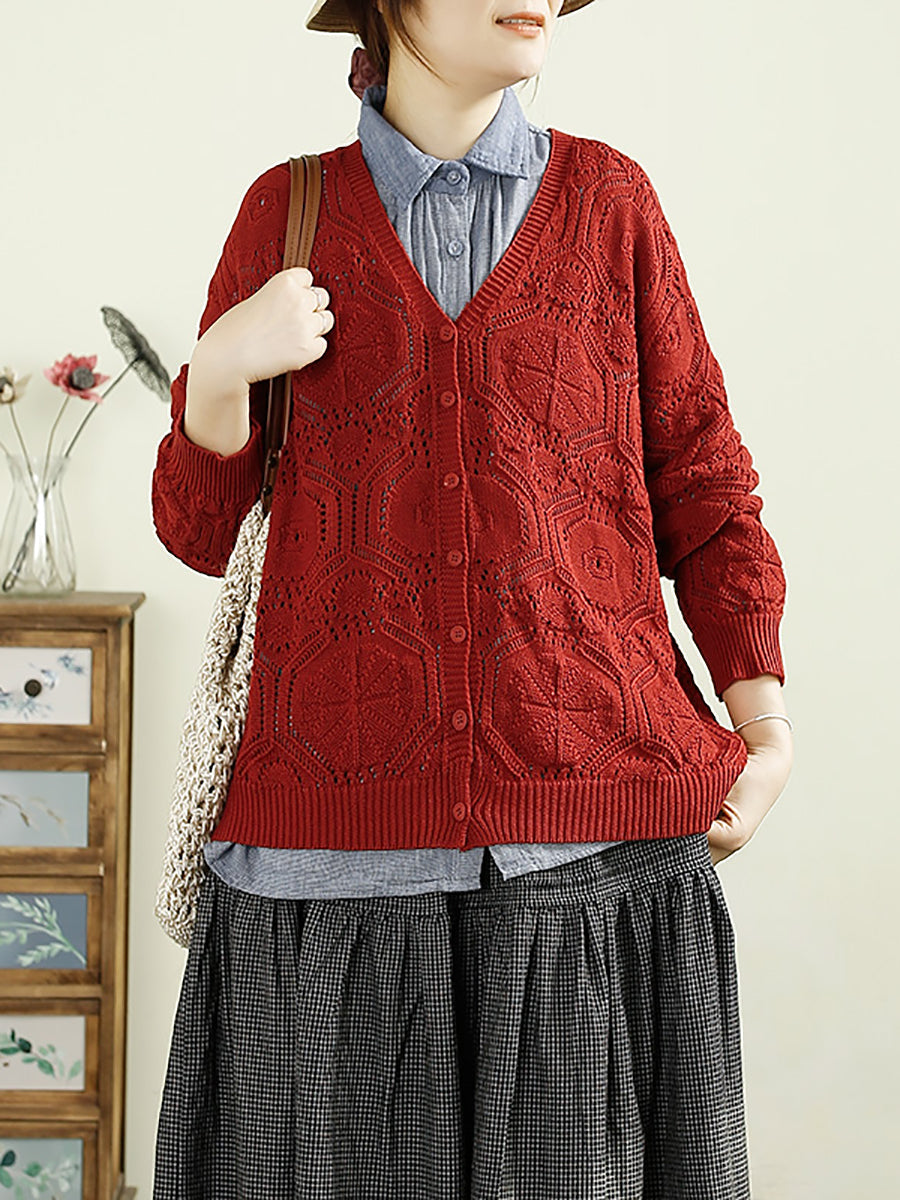 Women Autumn Vintage Knitted V-Neck Cardigan Sweater