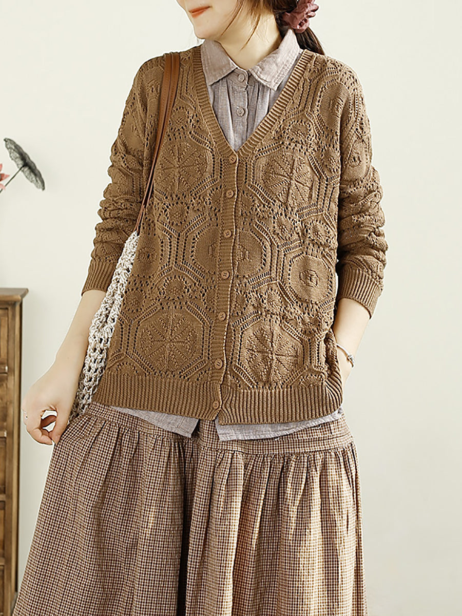 Women Autumn Vintage Knitted V-Neck Cardigan Sweater